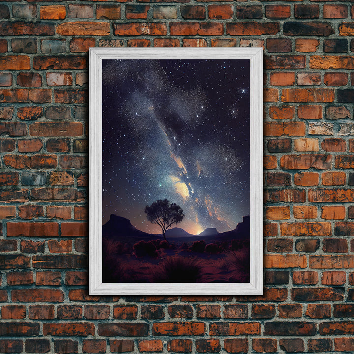 Starry night sky over the plains of Texas,  beautiful farmhouse art, primitive art, framed canvas print