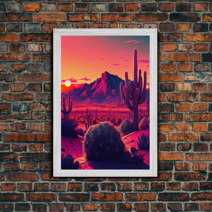 Pastel Arizona Night, Outrun Style sunset over a desert landscape with cactus, framed canvas print