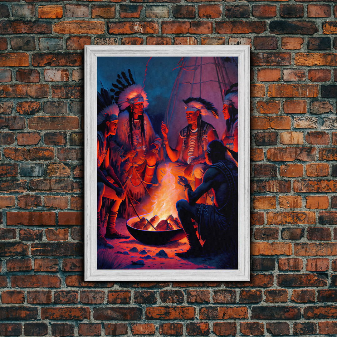 Wild West Decor, framed canvas print, Watercolor of Native Americans enjoying a campfire