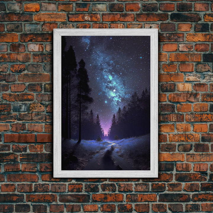 Starry Night Time Landscape, Milky Way Galaxy Art, Pine Tree Forest, Framed Canvas Print