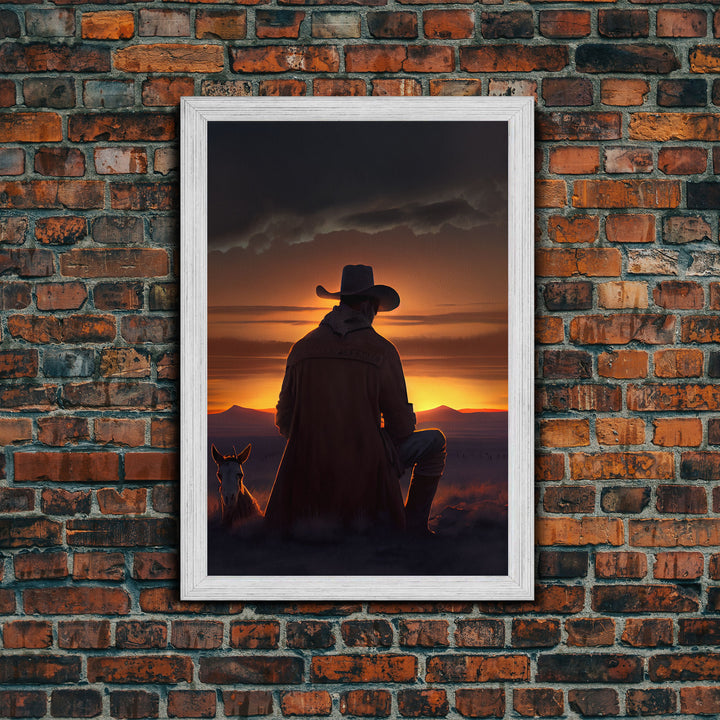 A cowboy and his horse at sunset, framed canvas art, canvas print, western decor, farmhouse art