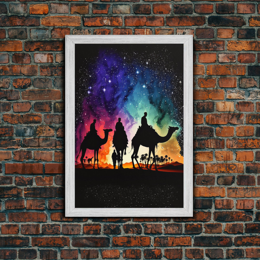 The Three Wise Men, Framed Canvas Print, Colorful Rainbow Art, 3 Wise Men, Camel Art, Starry Night Sky