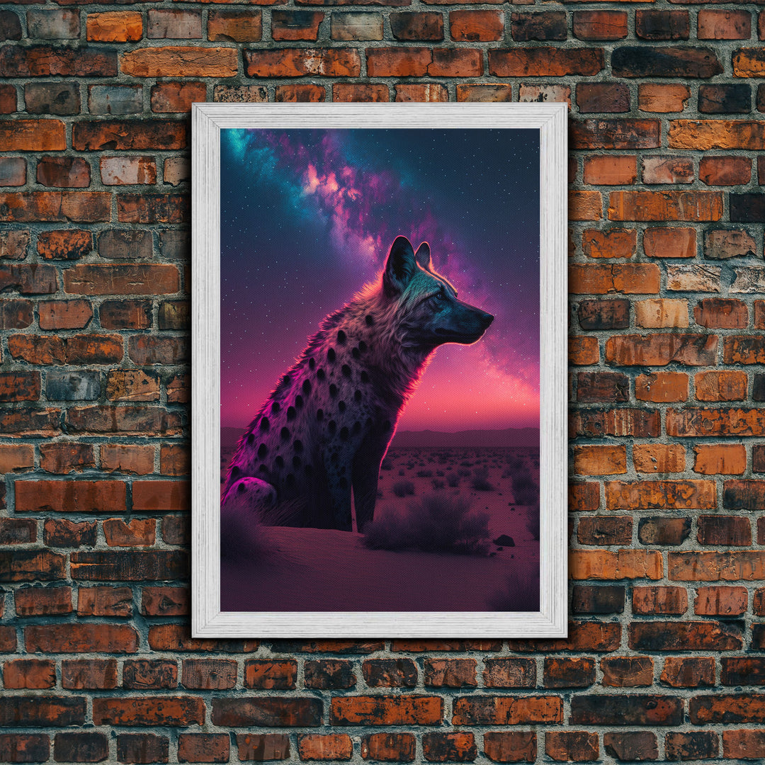 Portrait of a Neon Hyena, Laughing Hyenas, Framed Canvas Print, Unique Wall Art, Kid Room Art, Synthwave Retro Style Decor