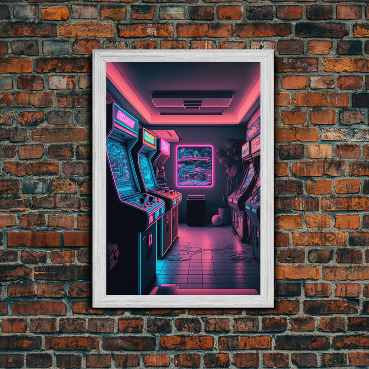 Neon Arcade, Gamer Room Decor, Unique Game Room Art, Framed Canvas Print, Synthwave Style Art, Vaporwave Gamer Art, Retrowave Arcade