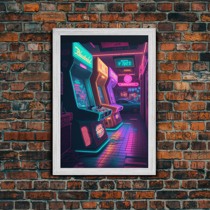 The Neon Arcade, Gamer Room Decor, Unique Game Room Art, Framed Canvas Print, Synthwave Style Art, Vaporwave Gamer Art, Retrowave Arcade