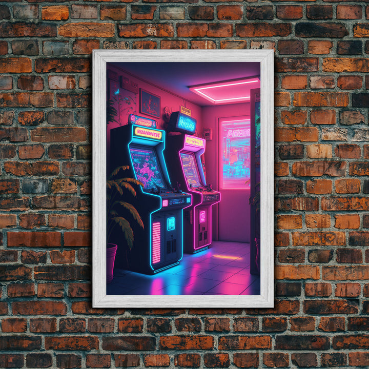 Retrowave Arcade Room, Neon Gamer Art, Framed Canvas Print, Framed Wall Art, Retrowave Arcade Decor, Game Room Art