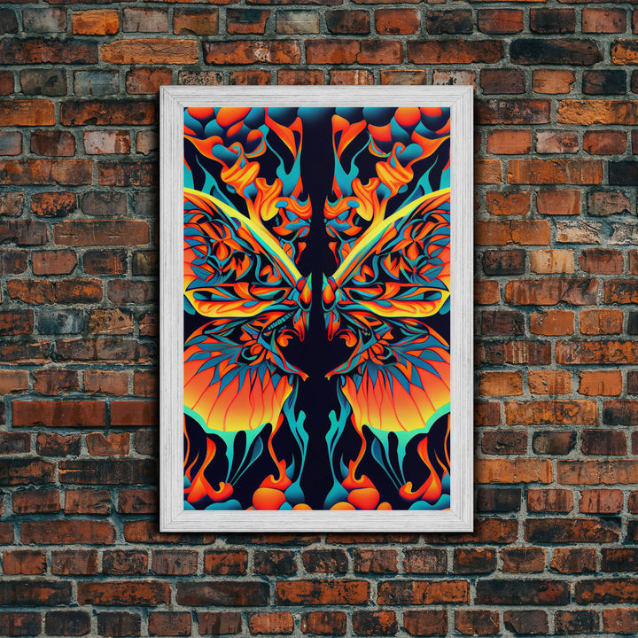 Butterfly Fire Rorschach Art, Dual Meaning, Framed Canvas Print, Optical Illusion Art