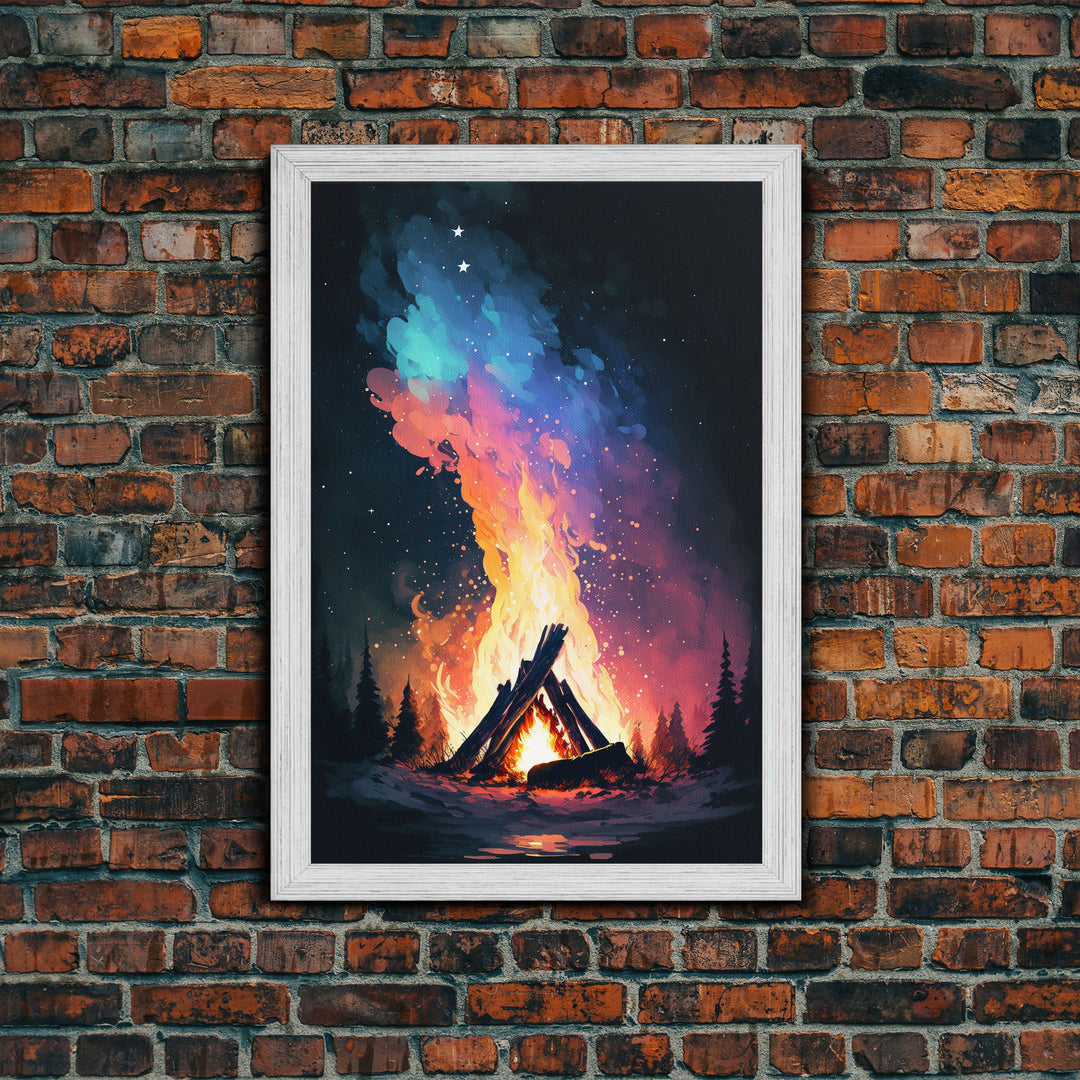 Campfire Print, Framed Canvas Art, Original Artwork, Hiking, Up North, Lake Life, Cabin Decor