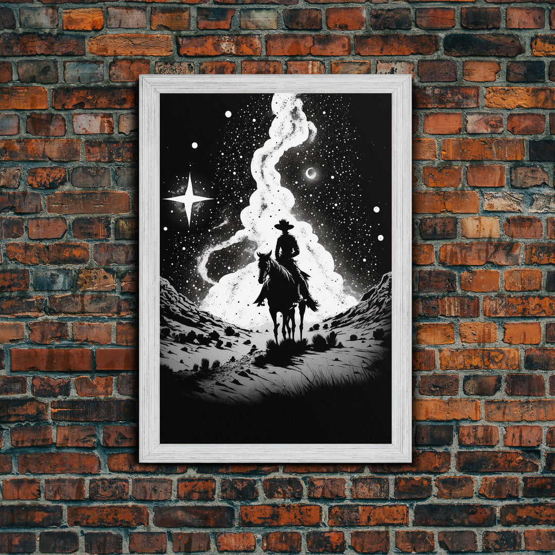 Western Decor, Black and White Cowboy Art, Framed Canvas Print