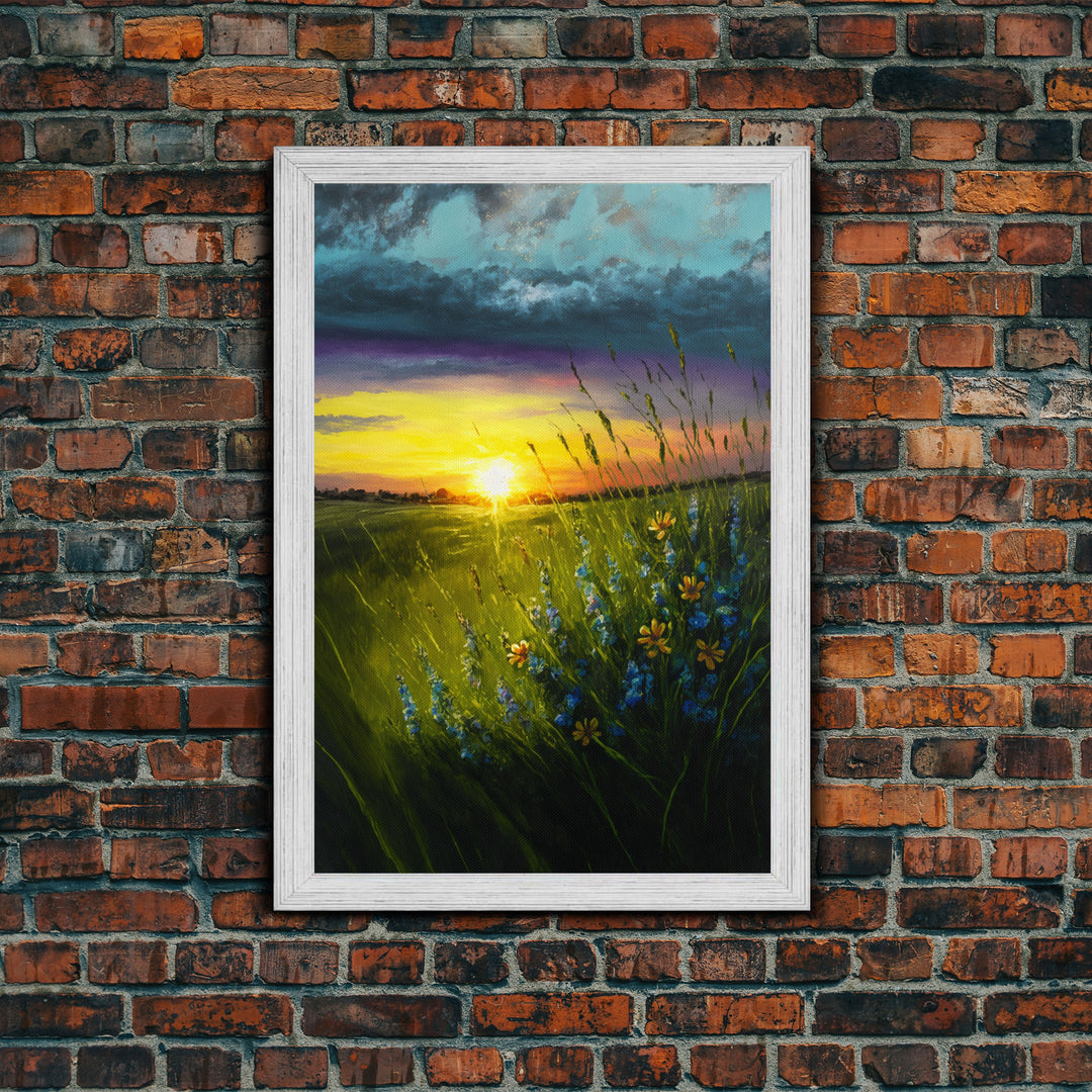 Sunset Over A Texas Field, Watercolor, Framed Canvas Print, Living Room Guest Room Art, Wall Decoration