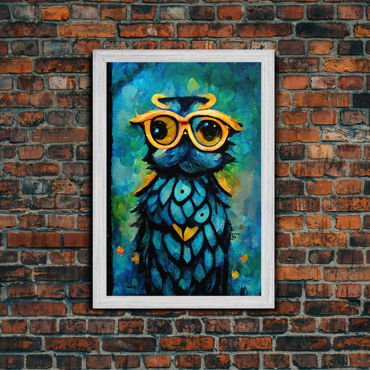 Wise Owl With Glasses Canvas Art - Owl Painting - Owl Wall Decor