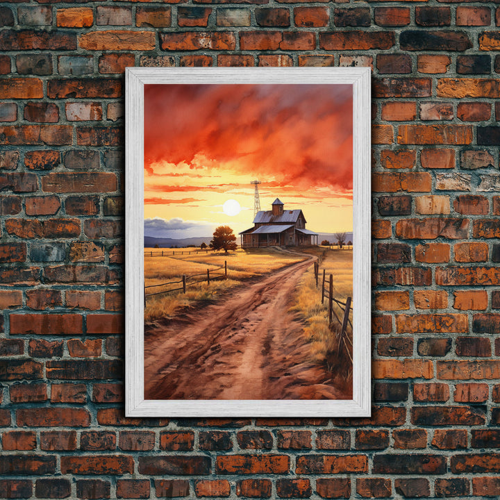 Sunset Over Kansas Farmhouse, Framed Canvas Print or Poster