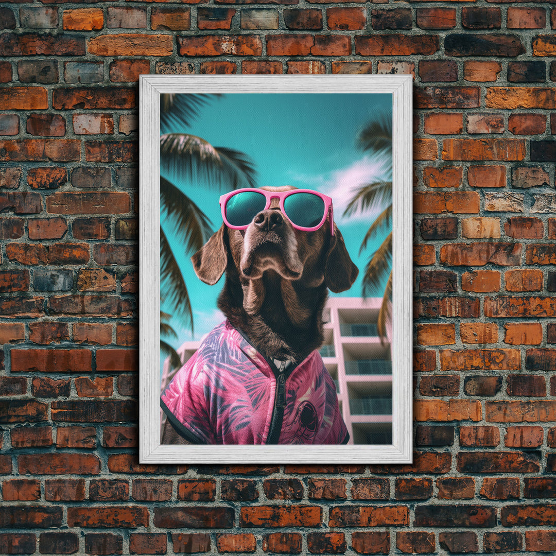 Labrador Dog Wall Print, Dog Wall Art, Dog With Shades, Pink Shirt, Funny Wall Art, Framed Wall Art, Framed Canvas, Wall Print, Wall Canvas