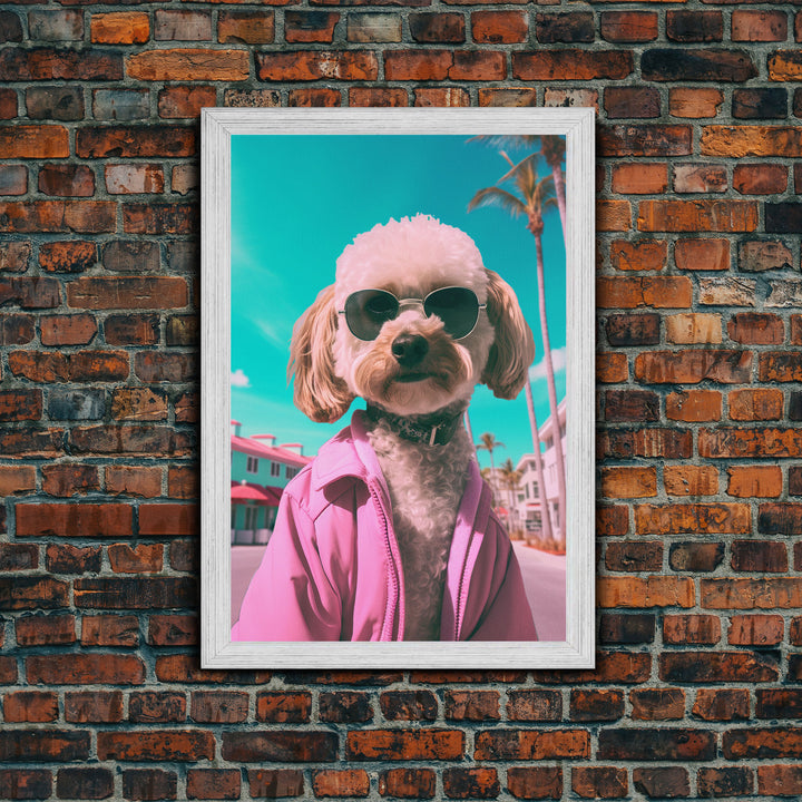 Poodle Dog Wall Print, Dog Wall Art, Dog With Shades, Pink Shirt, Funny Wall Art, Framed Wall Art, Framed Canvas, Wall Print, Wall Canvas