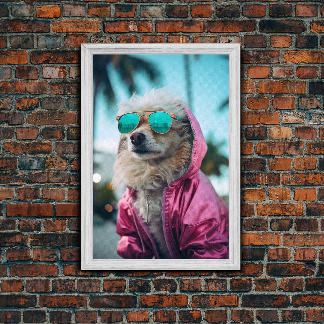 Pomeranian Wall Print, Dog Wall Art, Dog With Shades, Pink Shirt, Funny Wall Art, Framed Wall Art, Framed Canvas, Wall Print, Wall Canvas