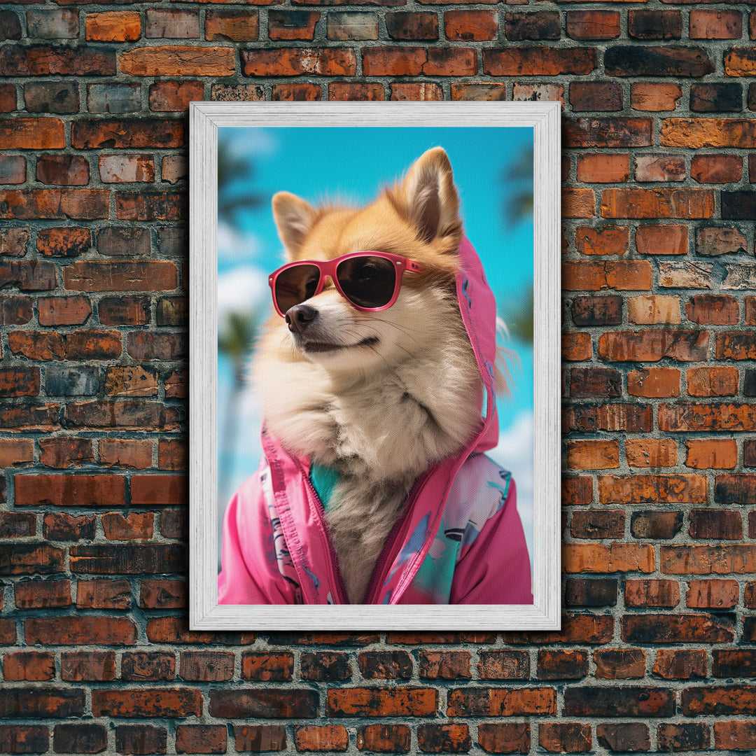 Pomeranian Wall Print, Dog With Shades, Dog Wall Art, Pink Shirt, Funny Wall Art, Framed Wall Art, Framed Canvas, Wall Print, Wall Canvas