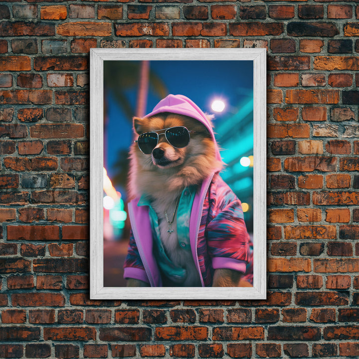 Pomeranian Wall Print, Dog Wall Art, Dog With Shades, Pink Hoodie, Funny Wall Art, Framed Wall Art, Framed Canvas, Wall Print, Wall Canvas