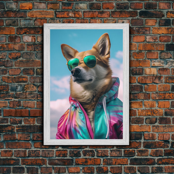 Shiba Inu Wall Print, Dog Wall Art, Dog With Shades, Colorful Hoodie, Funny Art, Framed Wall Art, Framed Canvas, Wall Print, Wall Canvas