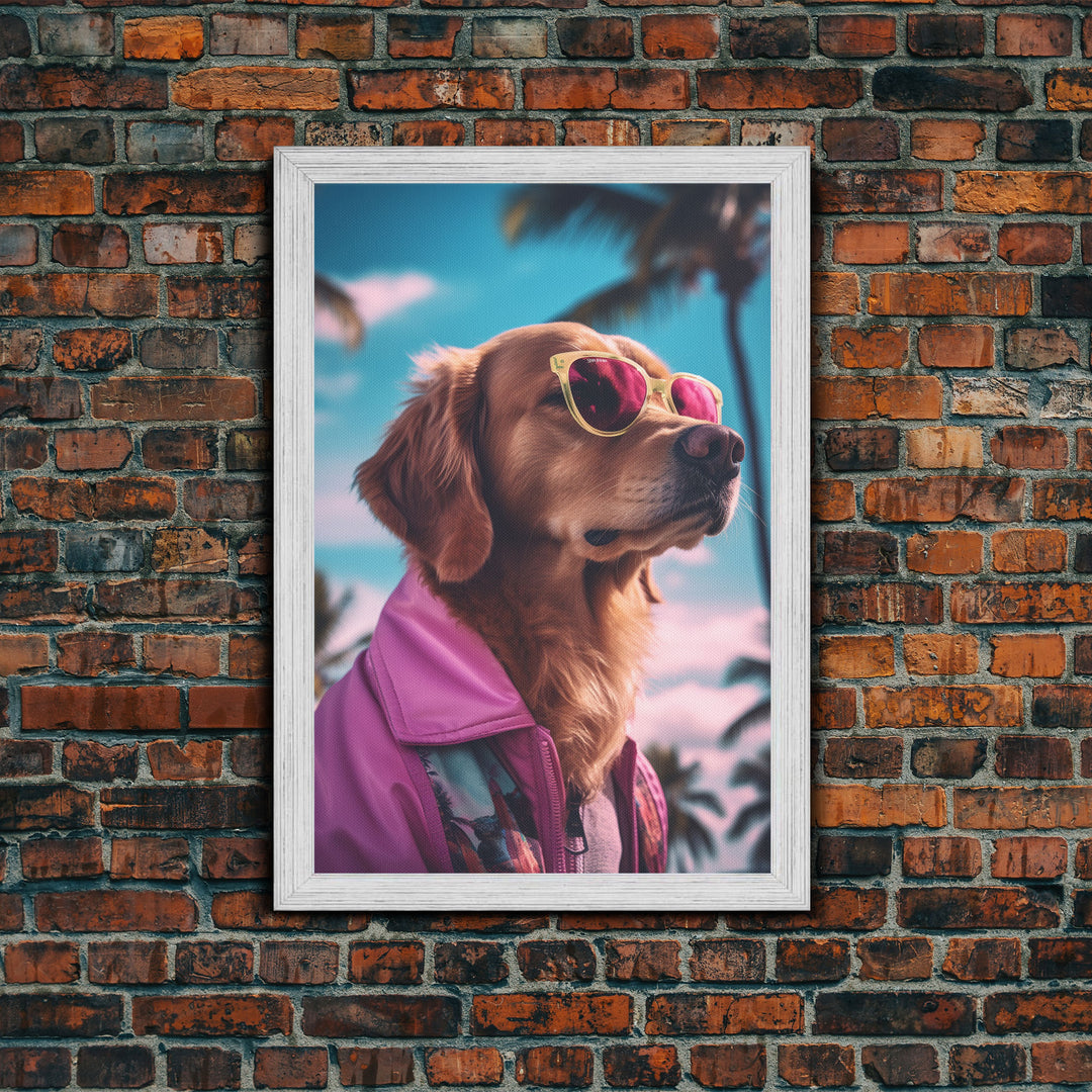 Golden Retriever Wall Print, Dog Wall Art, Dog With Shades, Pink Hoodie, Funny Art, Framed Wall Art, Framed Canvas, Wall Print, Wall Canvas