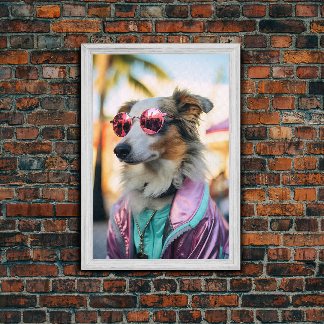 Border Collie Wall Print, Dog Wall Art, Dog With Shades, Pink Hoodie, Funny Art, Framed Wall Art, Framed Canvas, Wall Print, Wall Canvas