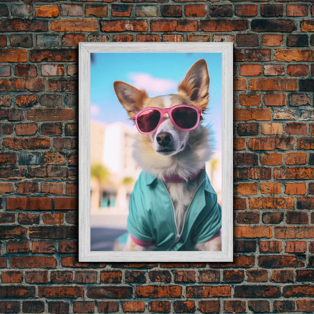 Corgi Wall Print, Dog Wall Art, Dog Sunglasses, Teal Shirt, Funny Wall Art, Framed Wall Art, Framed Canvas, Wall Print, Wall Canvas