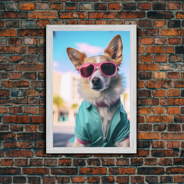 Corgi Wall Print, Dog Wall Art, Dog Sunglasses, Teal Shirt, Funny Wall Art, Framed Wall Art, Framed Canvas, Wall Print, Wall Canvas