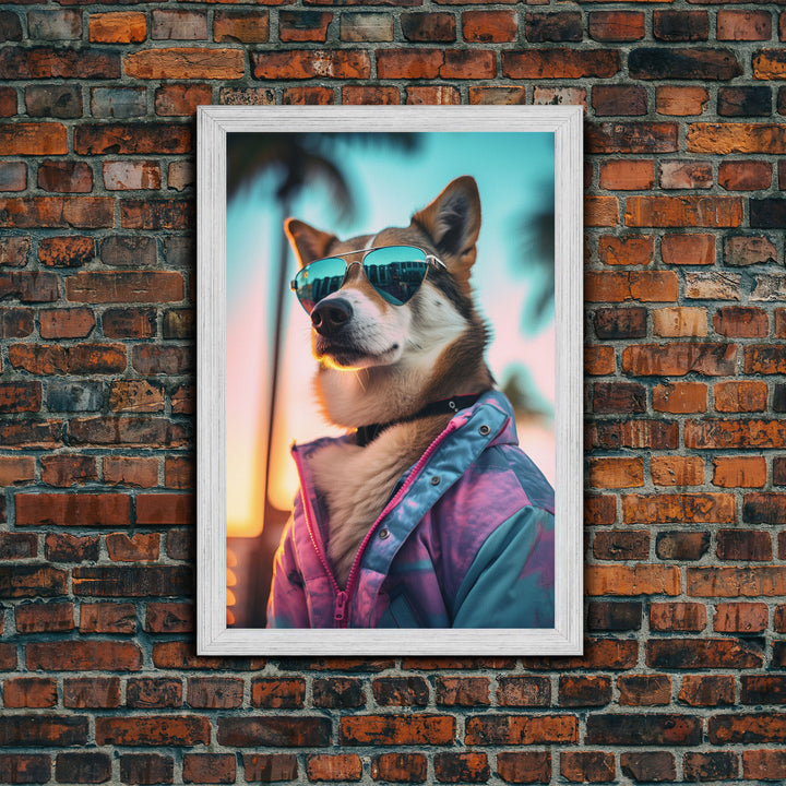 Shiba Inu Wall Print, Dog Art, Dog Sunglasses, Pink Teal Hoodie, Funny Wall Art, Framed Wall Art, Framed Canvas, Wall Print, Wall Canvas