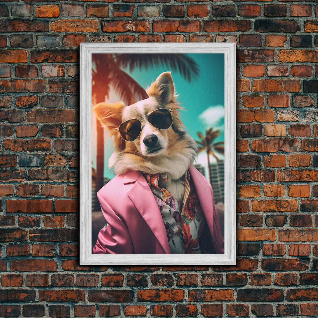 Corgi Wall Print, Dog Wall Art, Dog Sunglasses, Pink Suit, Floral Shirt, Funny Art, Framed Wall Art, Framed Canvas, Wall Print, Wall Canvas