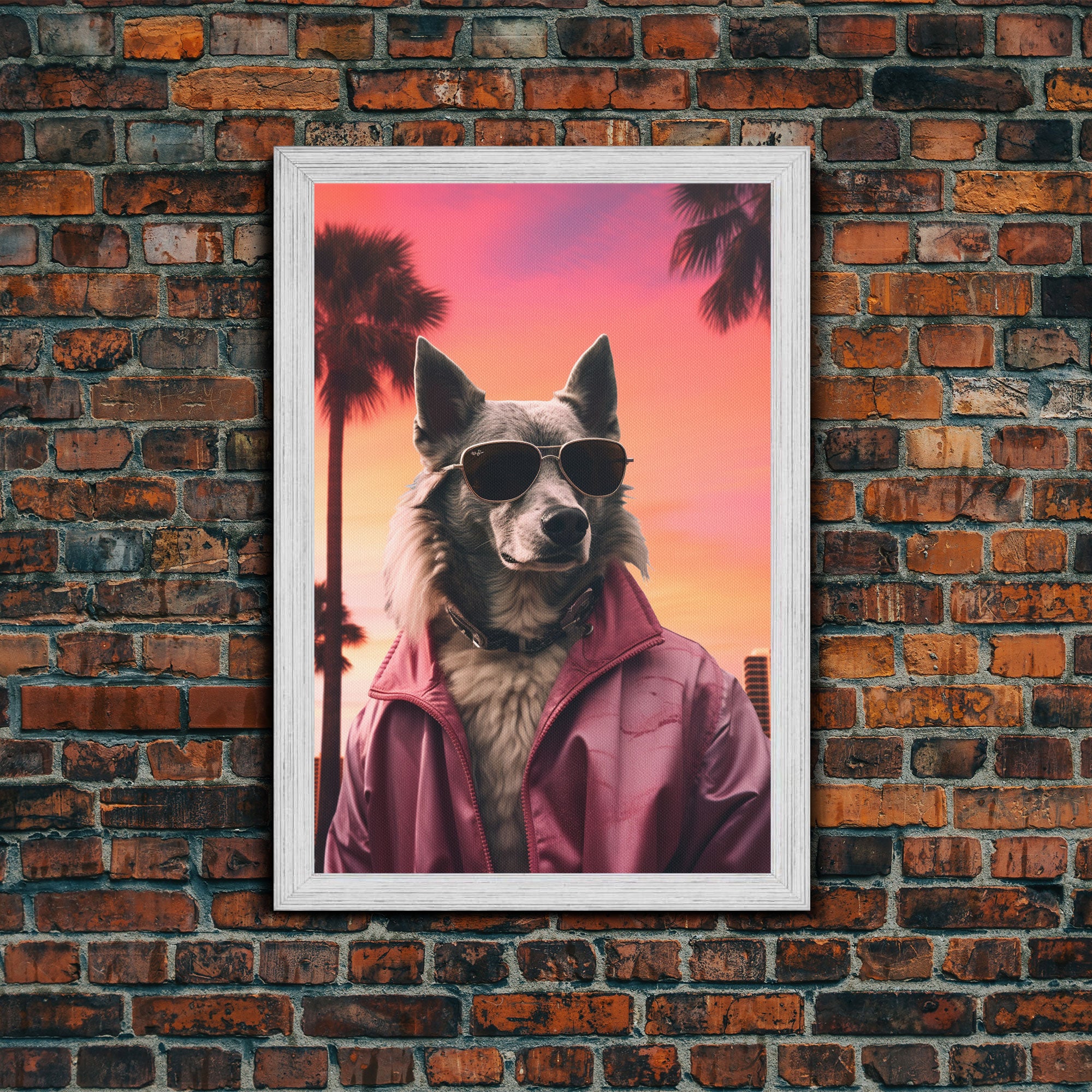 Wolfdog Wall Print, Dog Wall Art, Dog Sunglasses, Dog In Pink Jacket, Funny Art, Framed Wall Art, Framed Canvas, Wall Print, Wall Canvas