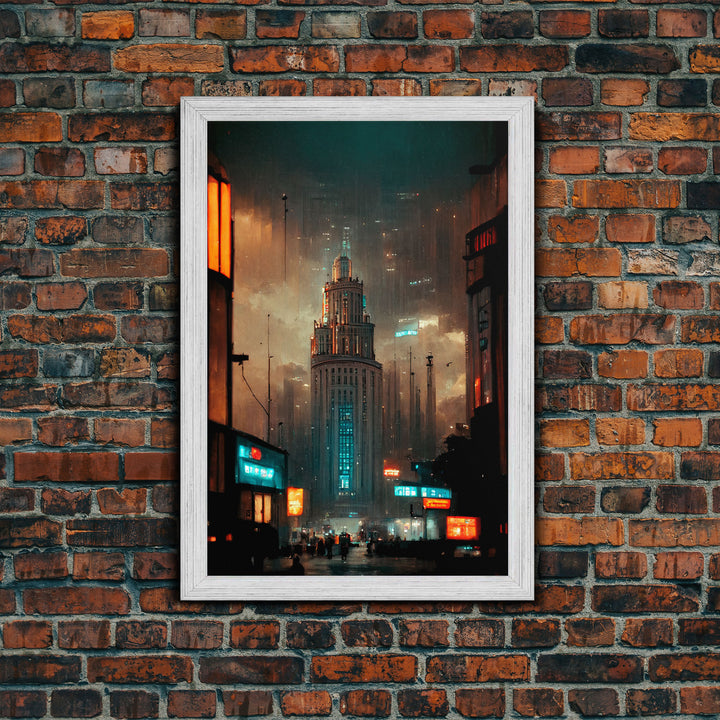 Art Deco Cyberpunk Cityscape Canvas Print, Scifi art, cool wall art for mancave, dystopian art, architecture