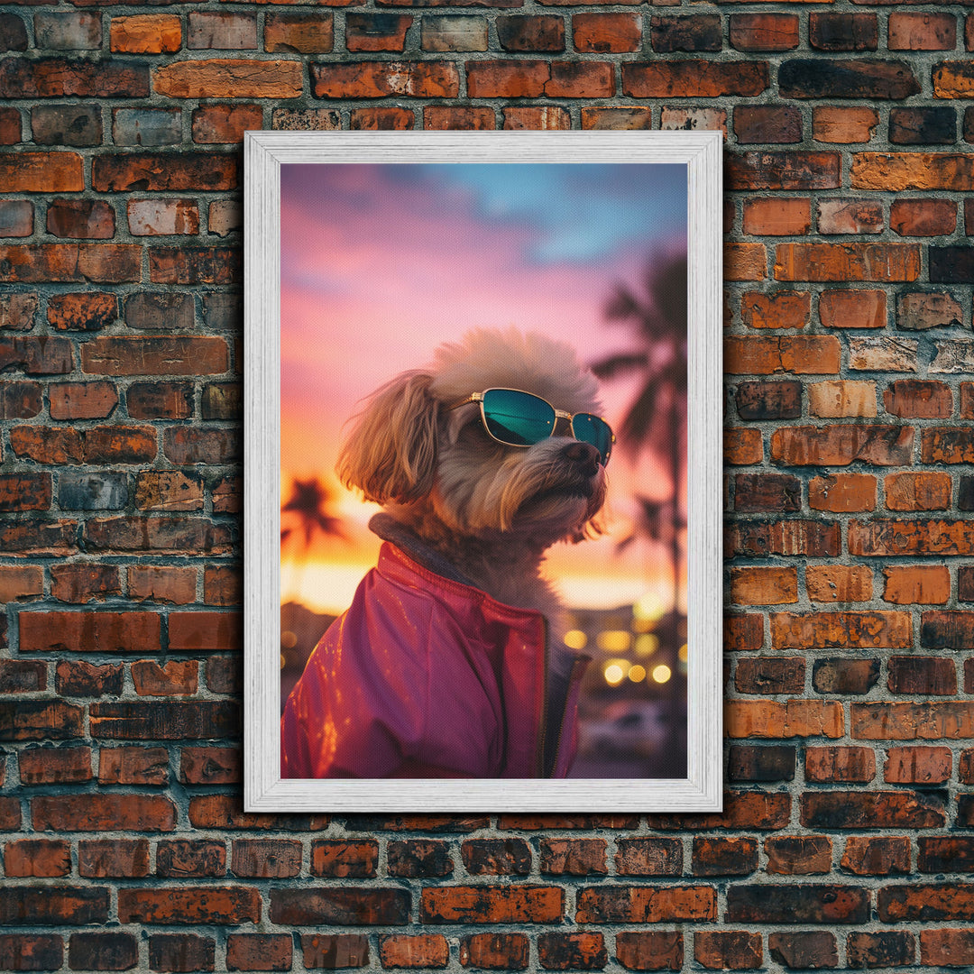 Shih Tzu Wall Print, Dog Portrait, Dog Sunglasses, Dog In Pink Jacket, Funny Art, Framed Wall Art, Framed Canvas, Wall Print, Wall Canvas