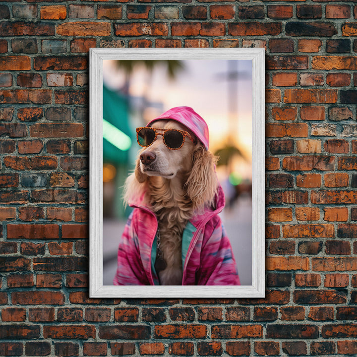 Cocker Spaniel In Sunglasses Pink Shirt Wall Print, Dog Portrait, Dog Art Print, Framed Wall Art, Framed Canvas, Wall Print, Wall Canvas