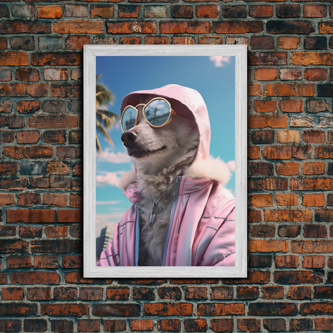 Japanese Spitz In Sunglasses Pink Hoodie Wall Print, Dog Portrait, Dog Art Print, Framed Wall Art, Framed Canvas, Wall Print, Wall Canvas