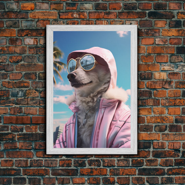 Japanese Spitz In Sunglasses Pink Hoodie Wall Print, Dog Portrait, Dog Art Print, Framed Wall Art, Framed Canvas, Wall Print, Wall Canvas