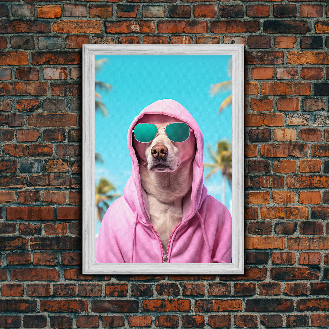 Labrador In Pink Hoodie Sunglasses Wall Print, Dog Portrait, Dog Art Print, Framed Wall Art, Framed Canvas, Wall Print, Wall Canvas