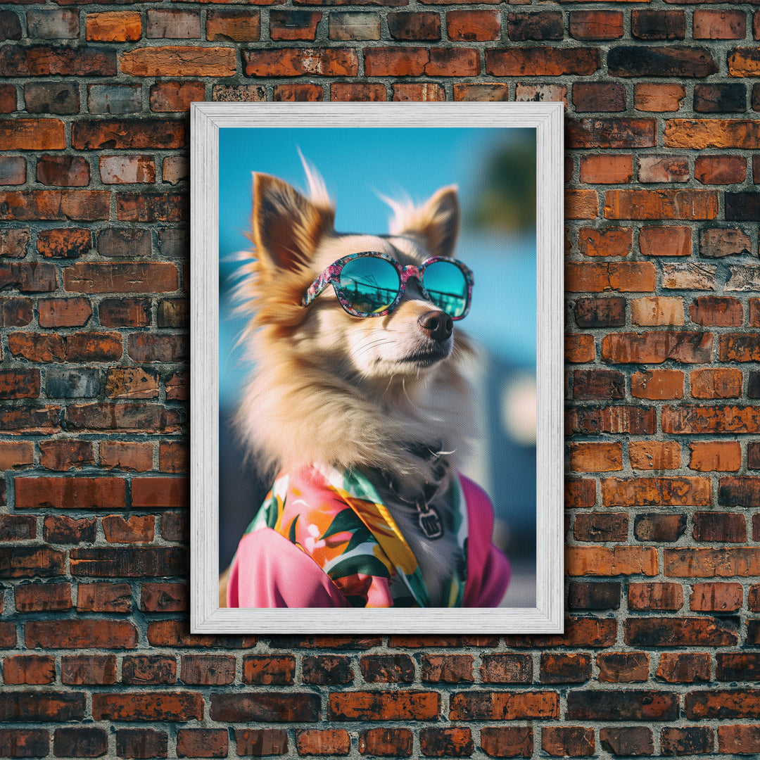 Long Haired Chihuahua In Pink Suit Sunglasses Wall Print, Dog Portrait, Dog Print, Framed Wall Art, Framed Canvas, Wall Print, Wall Canvas