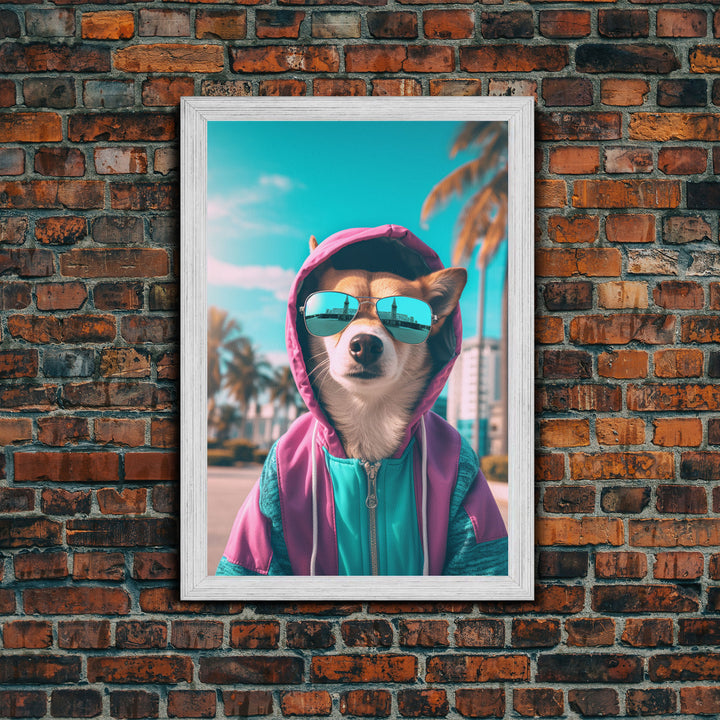 Corgi In Pink And Blue Hoodie Sunglasses Wall Print, Dog Art Print, Dog Portrait, Framed Wall Art, Framed Canvas, Wall Print, Wall Canvas