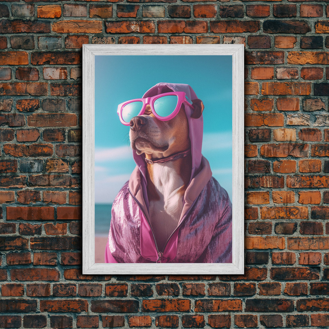 Pit Bull In Pink Hoodie Sunglasses Wall Print, Dog Décor, Dog Print, Dog Portrait, Framed Wall Art, Framed Canvas, Wall Print, Wall Canvas