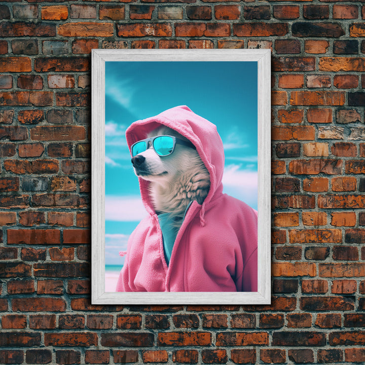 Husky In Pink Hoodie Sunglasses Wall Print, Dog Décor, Dog Print, Dog Portrait, Framed Wall Art, Framed Canvas, Wall Print, Wall Canvas