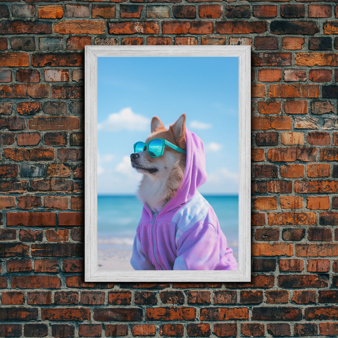 Corgi In Purple Hoodie Sunglasses Wall Print, Beach Art, Dog Print, Dog Portrait, Framed Wall Art, Framed Canvas, Wall Print, Wall Canvas