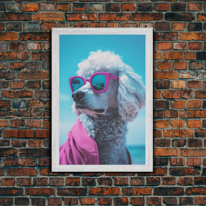 Poodle In Pink Shirt Sunglasses Wall Print, Beach Art, Dog Print, Dog Portrait, Framed Wall Art, Framed Canvas, Wall Print, Wall Canvas