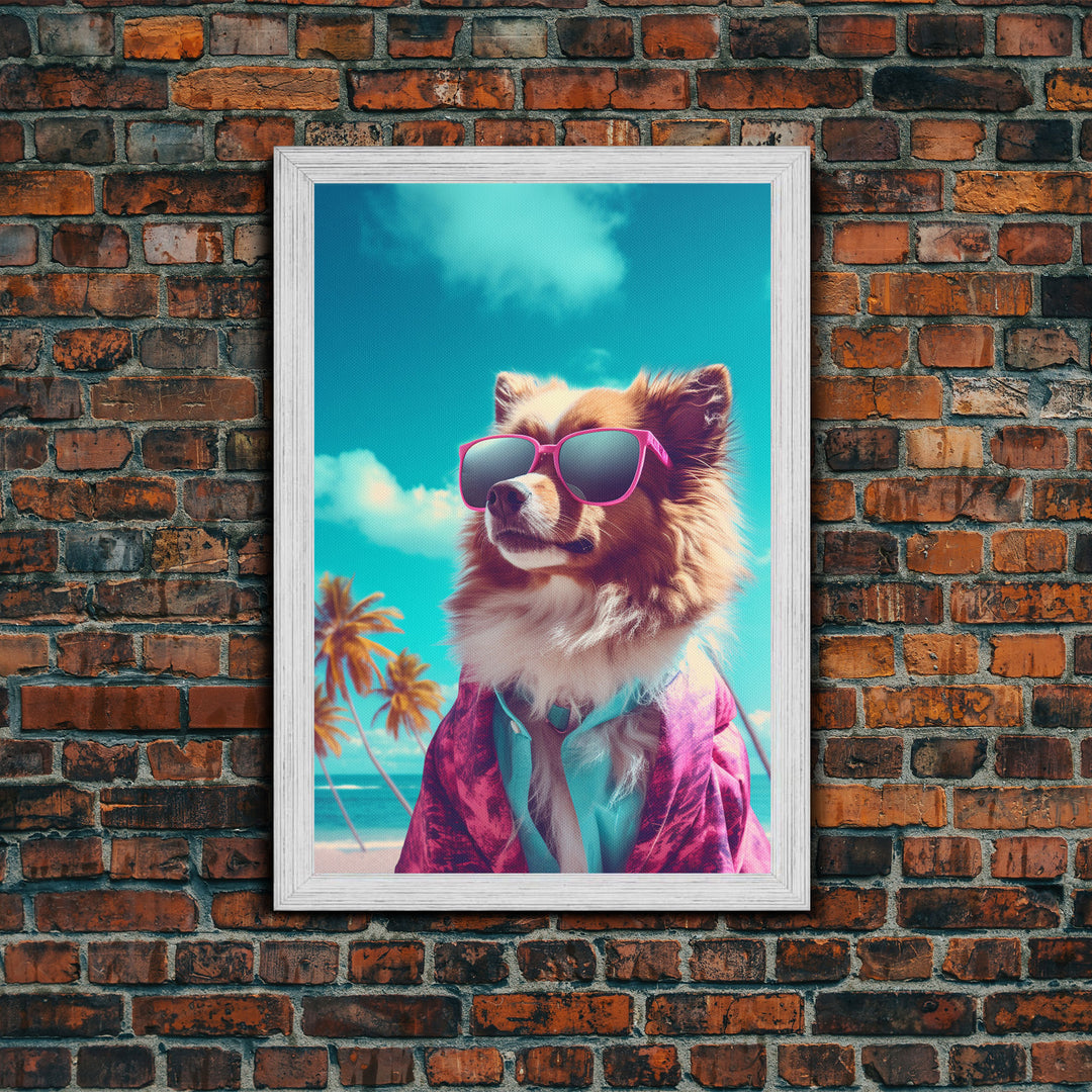 Pomeranian In Pink Shirt Sunglasses Wall Print, Beach Art, Dog Print, Dog Portrait, Framed Wall Art, Framed Canvas, Wall Print, Wall Canvas