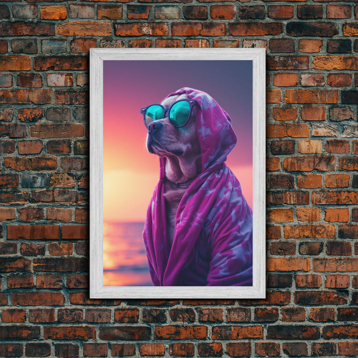 Pit Bull In Pink Hoodie Sunglasses Wall Print, Beach Art, Dog Print, Dog Portrait, Framed Wall Art, Framed Canvas, Wall Print, Wall Canvas