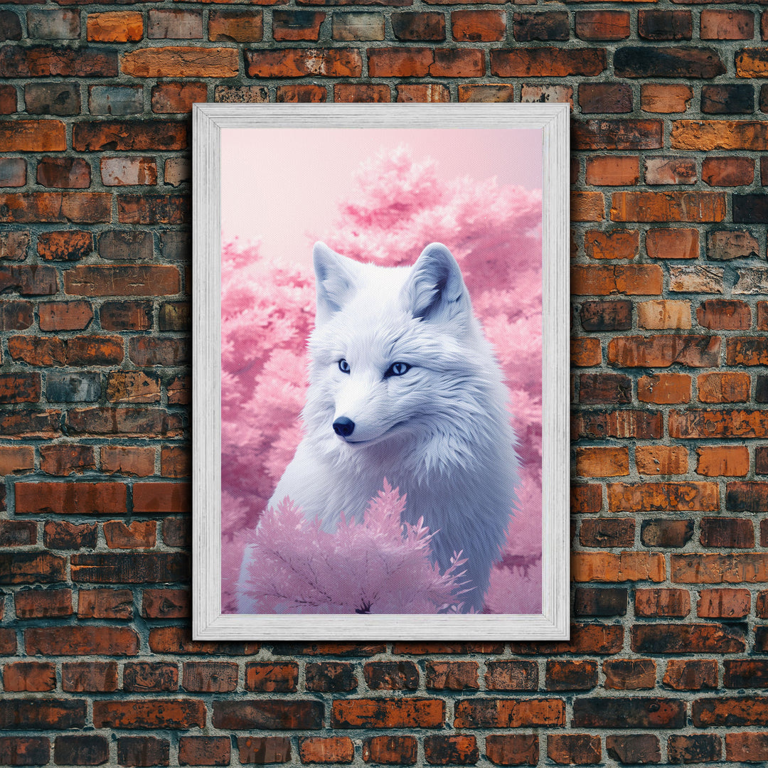 White Fox Wall Print, Animal Art Print, Animal Portrait, Pink Art, Wildlife Art, Framed Wall Art, Framed Canvas, Wall Print, Wall Print