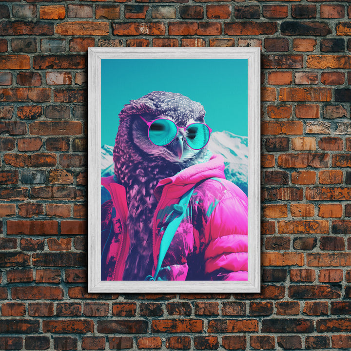 Owl In Pink Jacket Sunglasses Wall Print, Animal Art Print, Bird Wall Art, Framed Wall Art, Framed Canvas, Wall Print, Wall Canvas