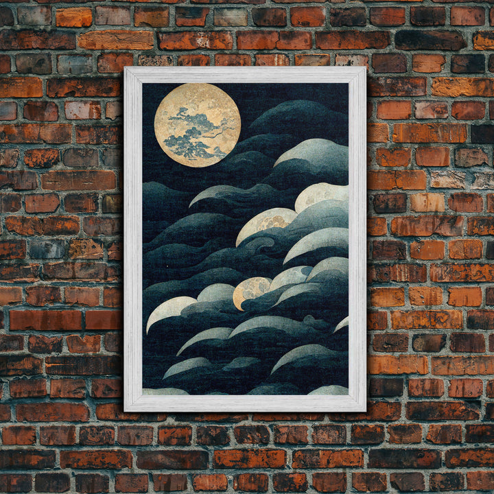 Japanese Style Wall Art, A Stormy Sea and Full Moon, Canvas Print, ready to hang wall art