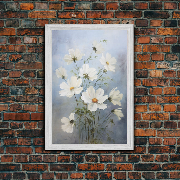 Cosmos Art Print - Framed Canvas Art - Oil Painting Poster Print  - White Flowers Still Life - Small Flower Bouquet Oil Painting Wall Art