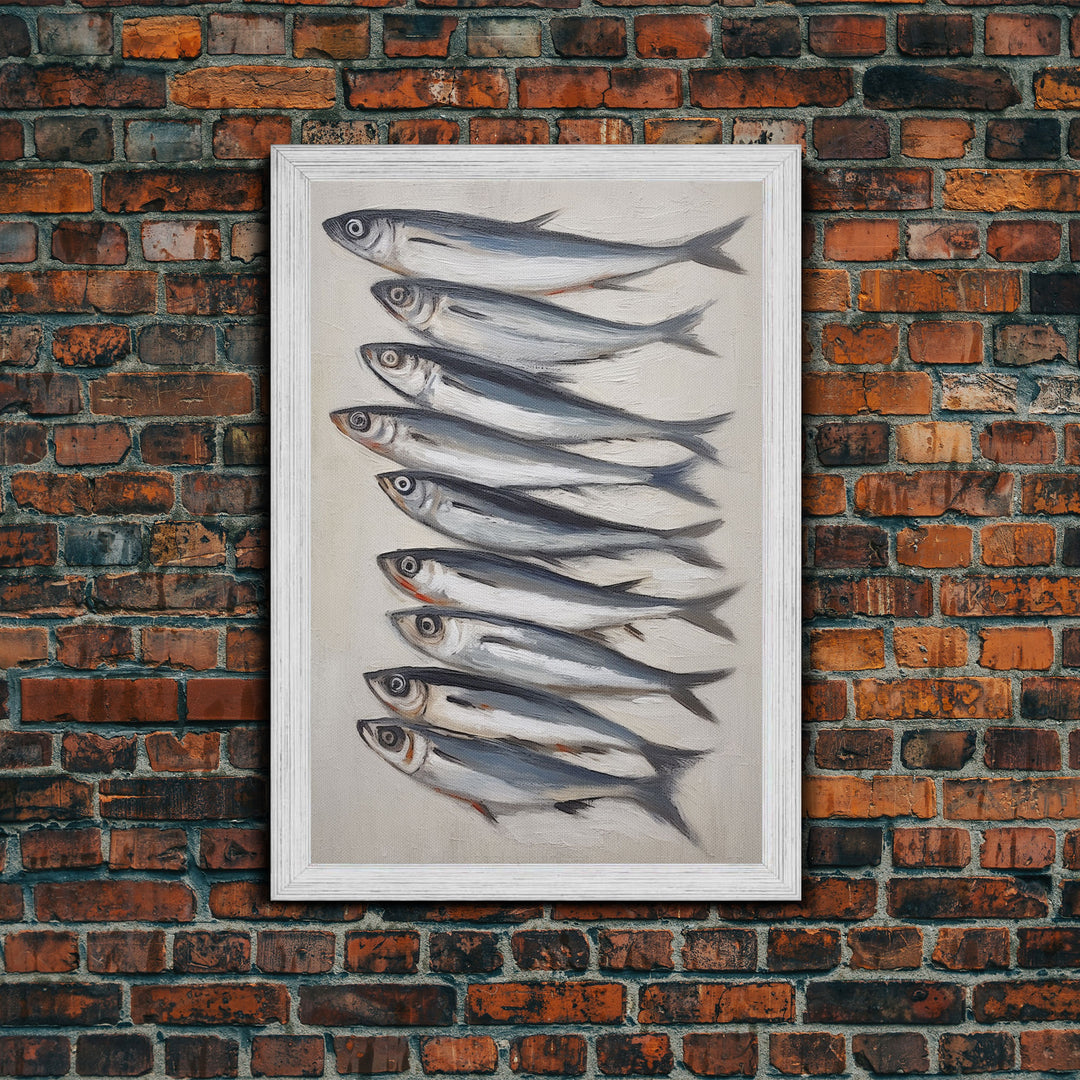 Minimalist Sardines Art Print - Framed Canvas Art - Oil Painting Still Life Print - French Kitchen Art - Restaurant Art - Boho Farmhouse Art