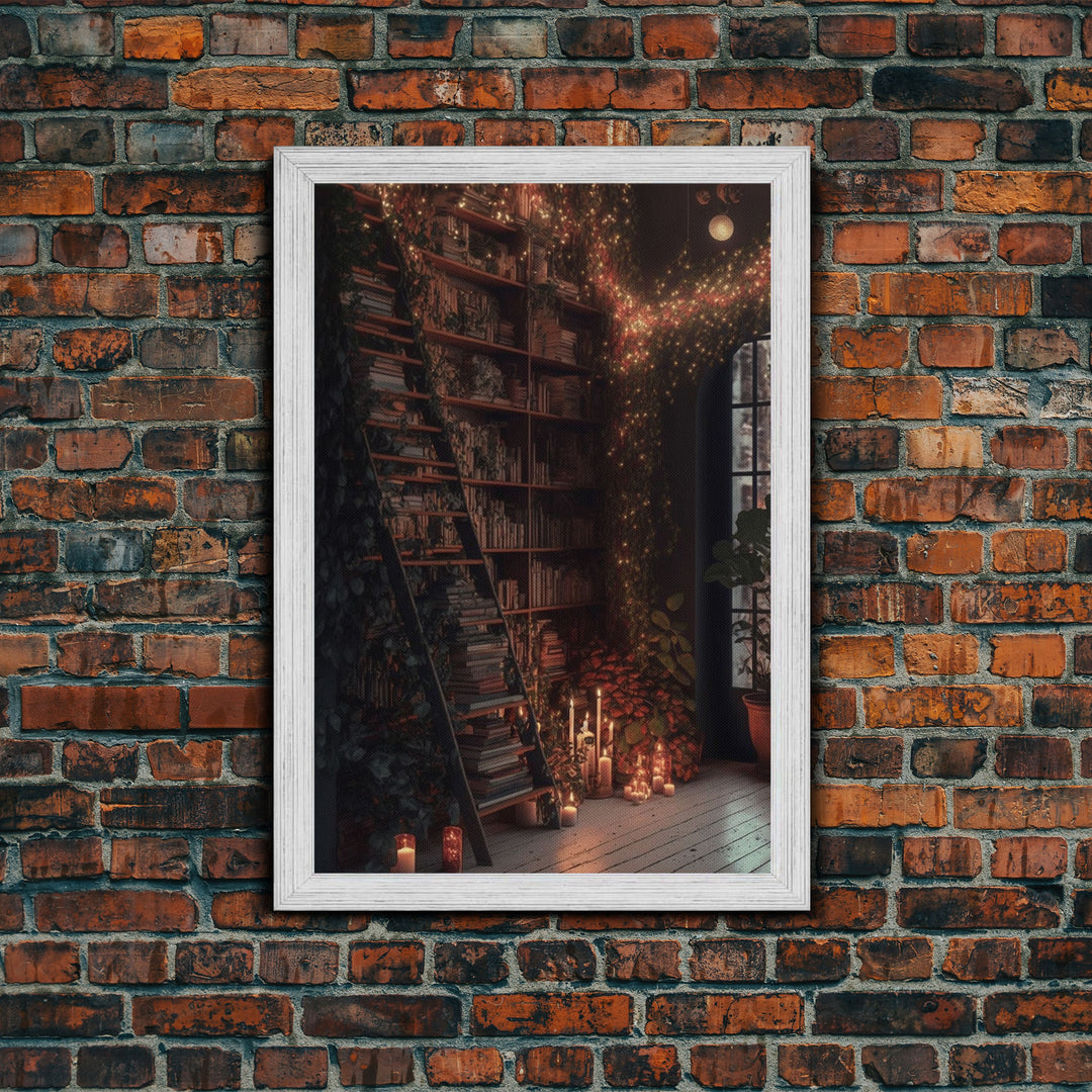 The Winter Library, Victorian Era Library with Ladder Art, Framed Canvas Print, Unique wall decor