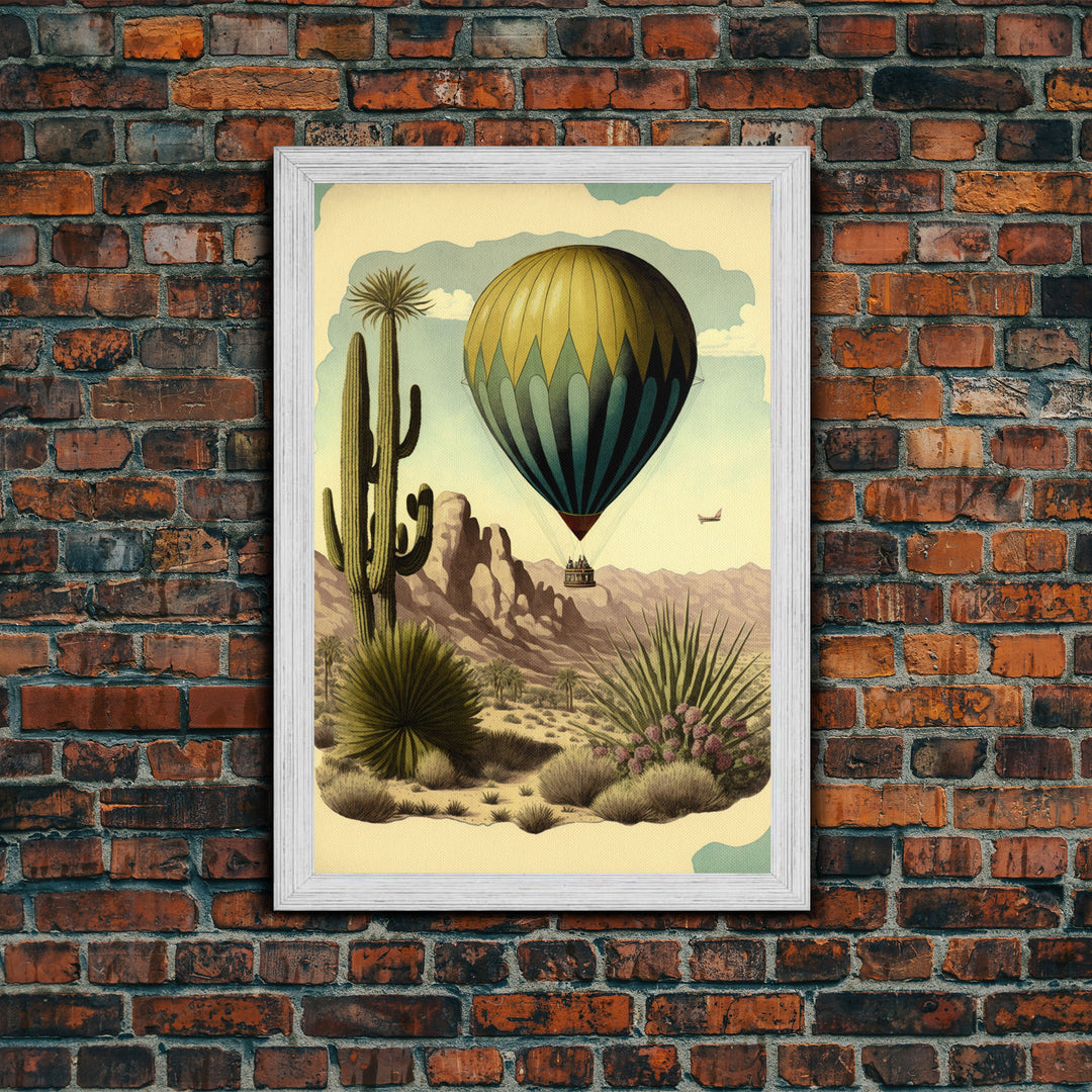 Retro Art Deco Style Hot Air Balloon Art, Framed Canvas print, framed wall art, desert landscape with cactus